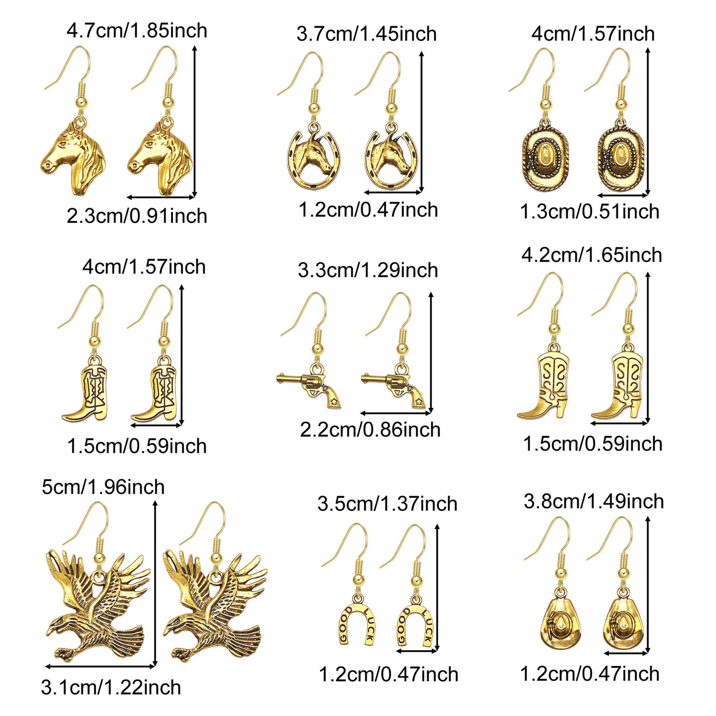 1/9 Pairs Western Cowboy Drop Earrings Antique Gold Color Bulk Alloy Boot Gun Hat Eagles Dangle Earrings for Women Cowgirl Gifts