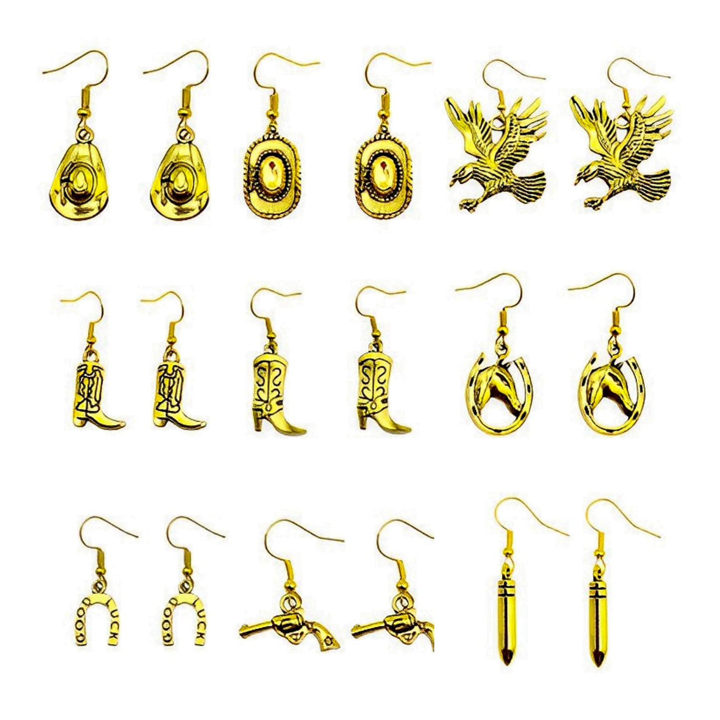 1/9 Pairs Western Cowboy Drop Earrings Antique Gold Color Bulk Alloy Boot Gun Hat Eagles Dangle Earrings for Women Cowgirl Gifts