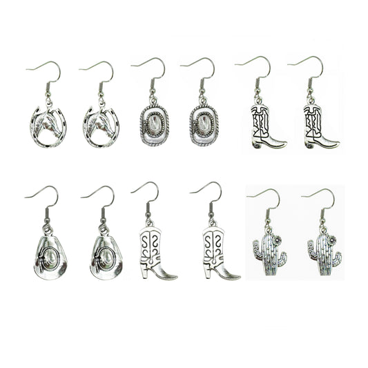1/6Pairs Retro Silver Western Cowboy Collection Earrings Alloy Hats Boots Cactus Shaped Hook Earrings Women Ladies Hypoallergenic Earring Piercing Jewelry