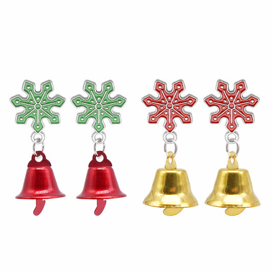 1/2 Pairs 44*16mm Alloy Snowflake Earrings with Silicone Earring Back Iron Jingle Bell Dangle Ear Stud Christmas Gifts Women Ladies Hypoallergenic Ear Jewelry