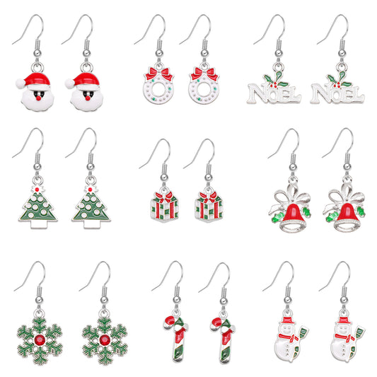 1/9 Pairs Christmas Theme Alloy Earrings Enamel Snowman Snowflake Designed Hook Earring for Festival Gifts Hypoallergenic Ladies Ear Jewelry