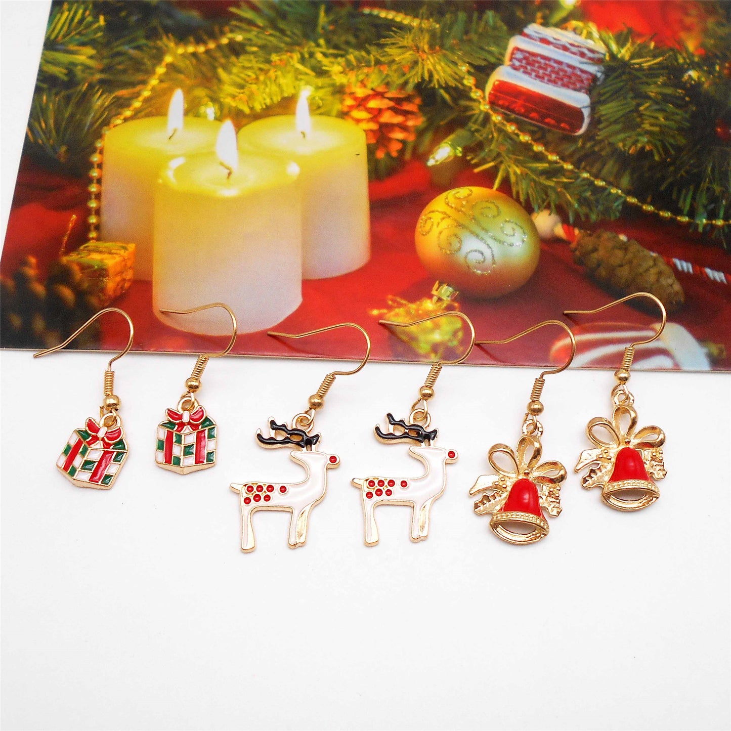 9 Pairs Christmas Collection Alloy Hook Earrings Enamel Elk Jingle Bell Dangle Earrings Hypoallergenic Ear Piercing Jewelry for Women Ladies Festival&Birthday Gifts