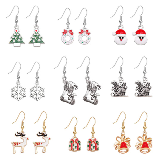 9 Pairs Christmas Collection Alloy Hook Earrings Enamel Elk Jingle Bell Dangle Earrings Hypoallergenic Ear Piercing Jewelry for Women Ladies Festival&Birthday Gifts