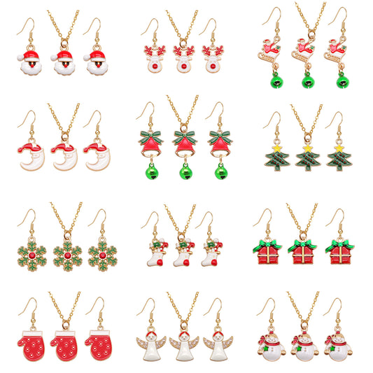 Christmas Theme Jewelry Set - Enamel Alloy Necklace&Earring Elk Snowflake Snowman Moon Gloves Pattern Designed - Delicate Christmas Gifts for Ladies Girls