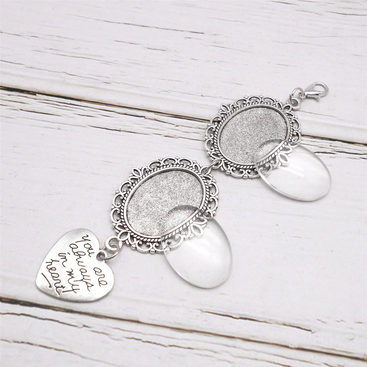 1 Piece 118*30mm Alloy Base Couple Photo Setting Tray Silver Love Heart Dangle Pendant with Glass Cabochons Floral Bezel Charms Valentine's Day Gifts for Couple