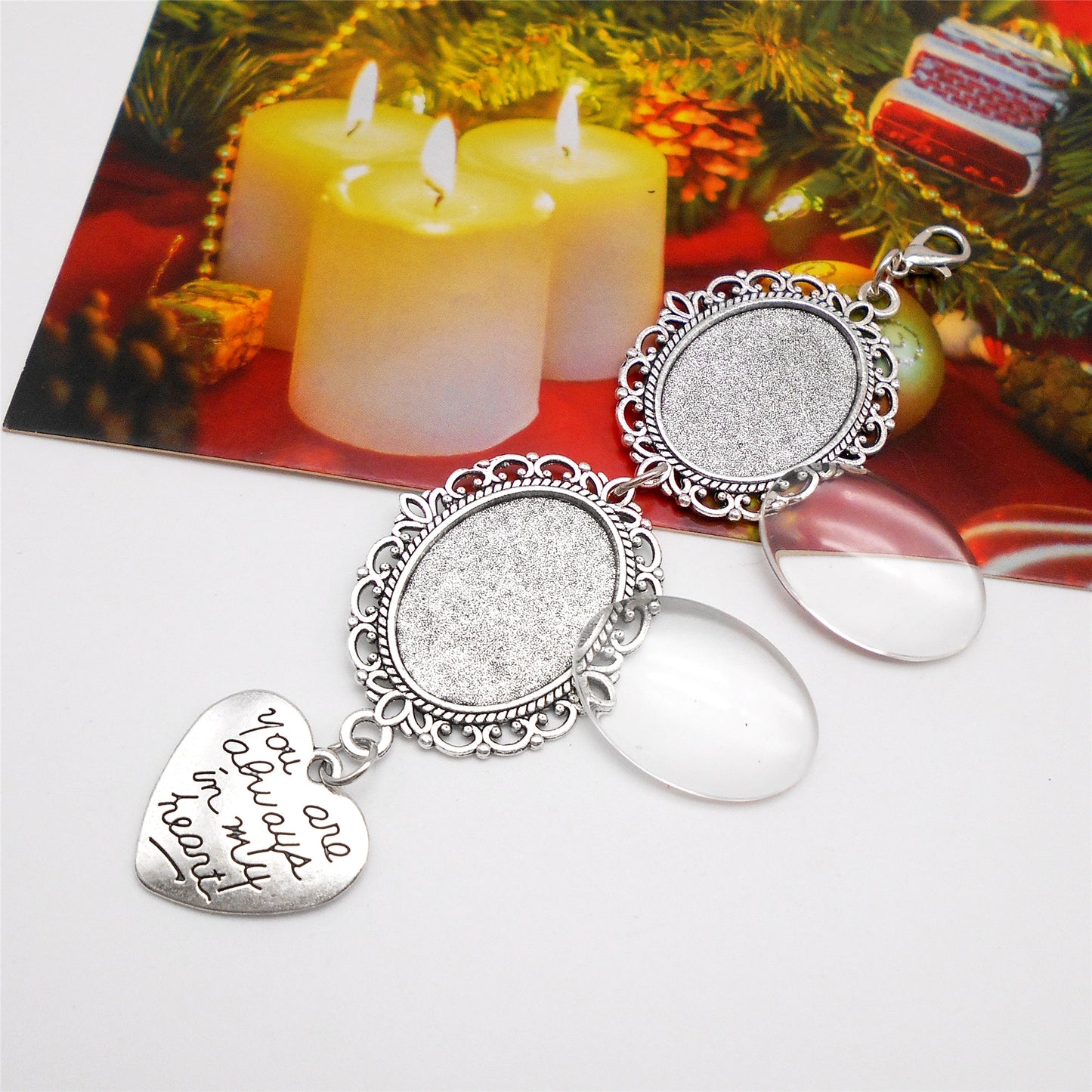 1 Piece 118*30mm Alloy Base Couple Photo Setting Tray Silver Love Heart Dangle Pendant with Glass Cabochons Floral Bezel Charms Valentine's Day Gifts for Couple