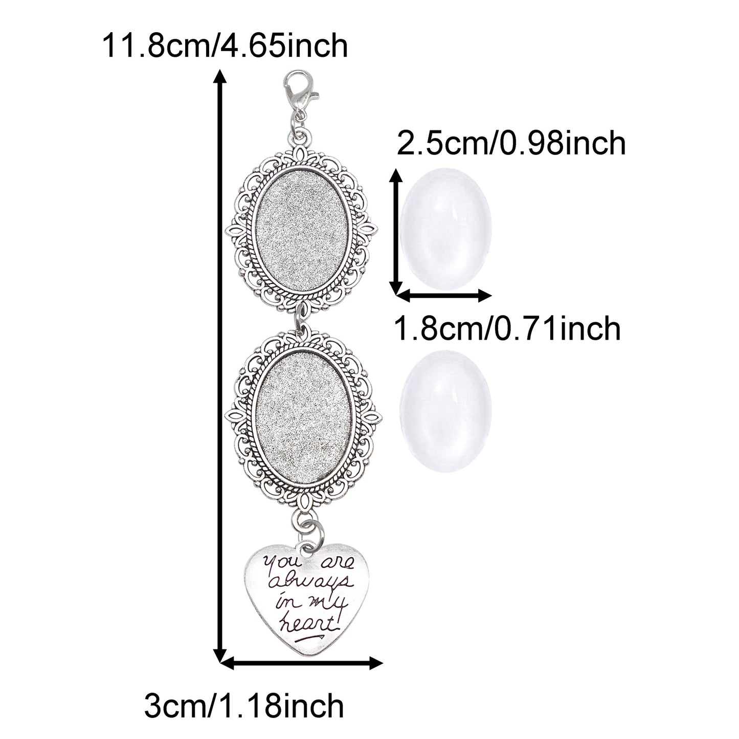 1 Piece 118*30mm Alloy Base Couple Photo Setting Tray Silver Love Heart Dangle Pendant with Glass Cabochons Floral Bezel Charms Valentine's Day Gifts for Couple