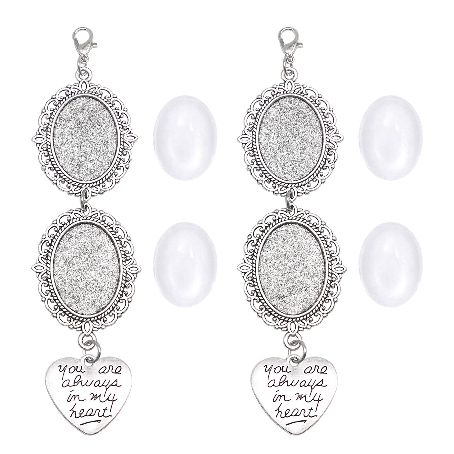 1 Piece 118*30mm Alloy Base Couple Photo Setting Tray Silver Love Heart Dangle Pendant with Glass Cabochons Floral Bezel Charms Valentine's Day Gifts for Couple