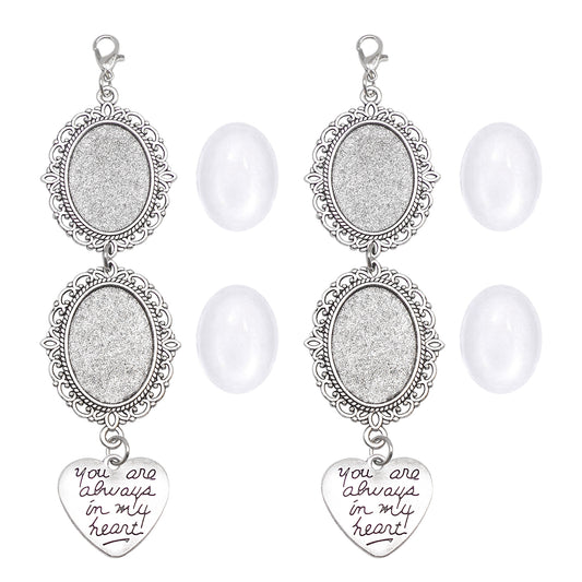 1 Piece 118*30mm Alloy Base Couple Photo Setting Tray Silver Love Heart Dangle Pendant with Glass Cabochons Floral Bezel Charms Valentine's Day Gifts for Couple
