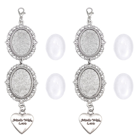 1 Piece 115*30mm Alloy Bezel Memorial Photo Setting Tray 'Made With Love' Heart Dangle Pendant Silver Blank Base Charms with Cabochons for Inlay Couple Picture Wedding Bridal Decoration