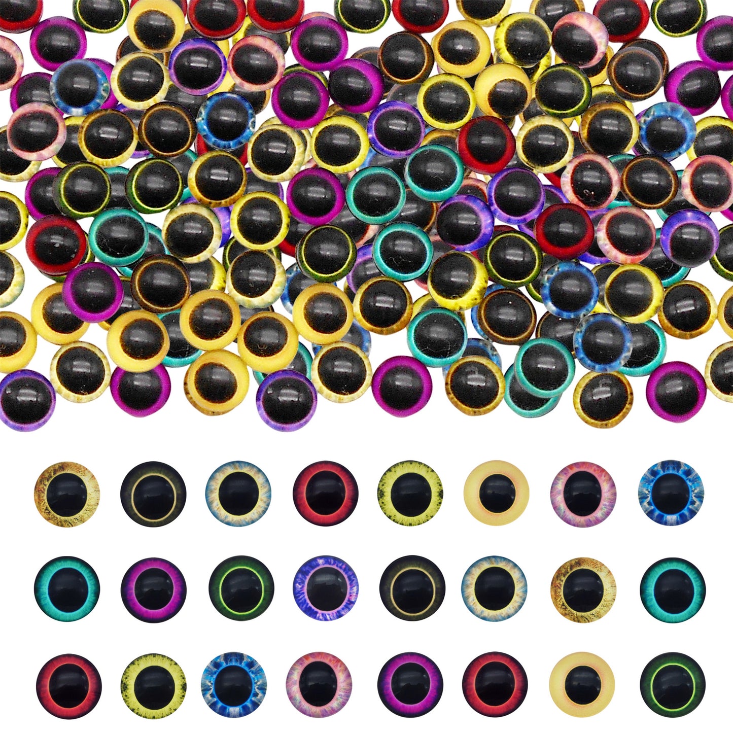10PCS 6mm Multi-Style Round&Vertical Pupil Dragon Eyes for Animal Dolls Decor,Flat Back Glass Cabochons Nail Art Crafts for Women