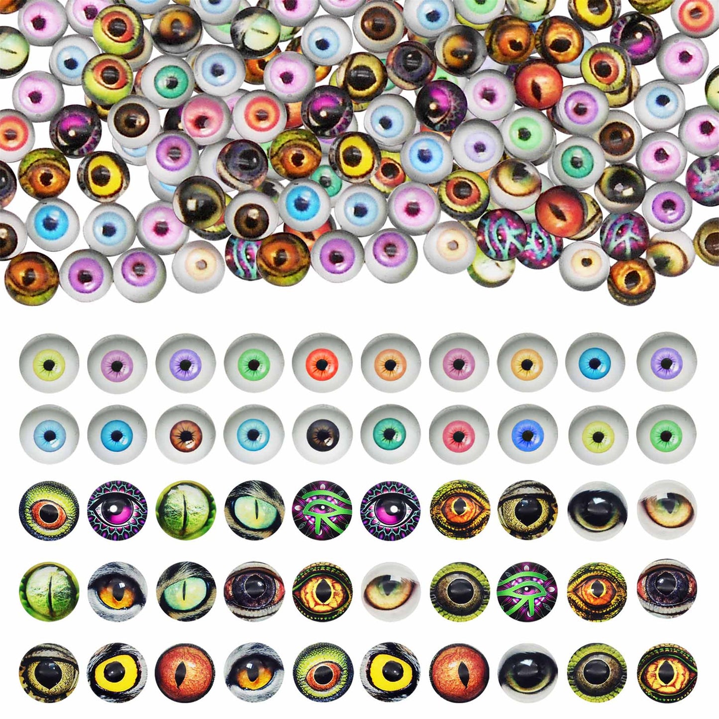 10PCS 6mm Multi-Style Round&Vertical Pupil Dragon Eyes for Animal Dolls Decor,Flat Back Glass Cabochons Nail Art Crafts for Women