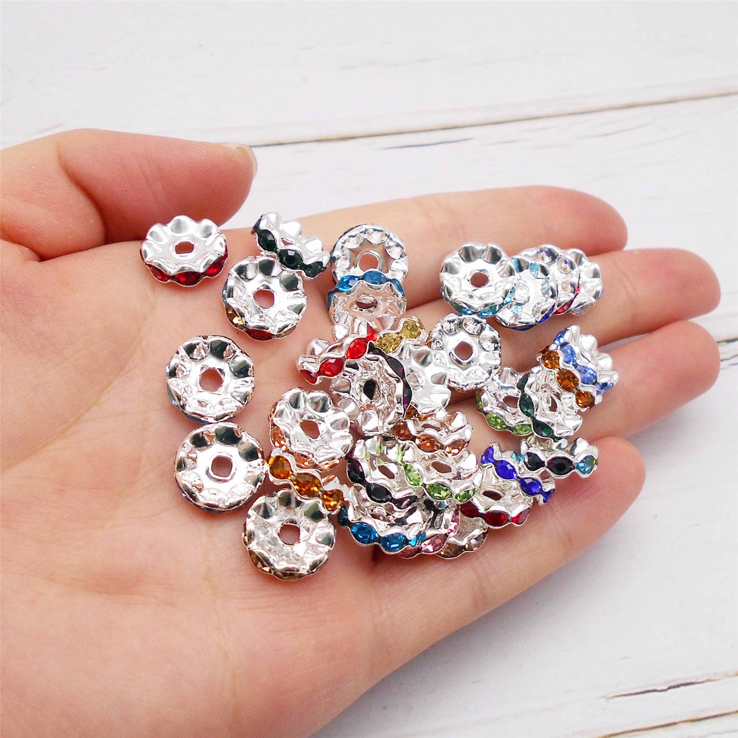 10Pcs 12mm Round Wheel Shaped Resin Beads Wave Edge Spacer Beads with Crystal Rhinestones for Jewelry Necklace Bracelet Earring Supplies Crafts Decor Key Chain Dangle Accessories