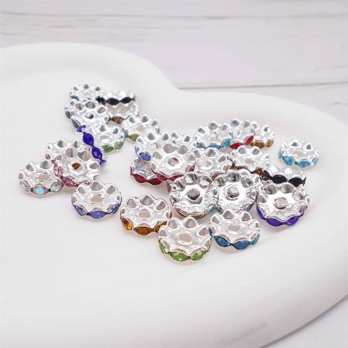 10Pcs 12mm Round Wheel Shaped Resin Beads Wave Edge Spacer Beads with Crystal Rhinestones for Jewelry Necklace Bracelet Earring Supplies Crafts Decor Key Chain Dangle Accessories