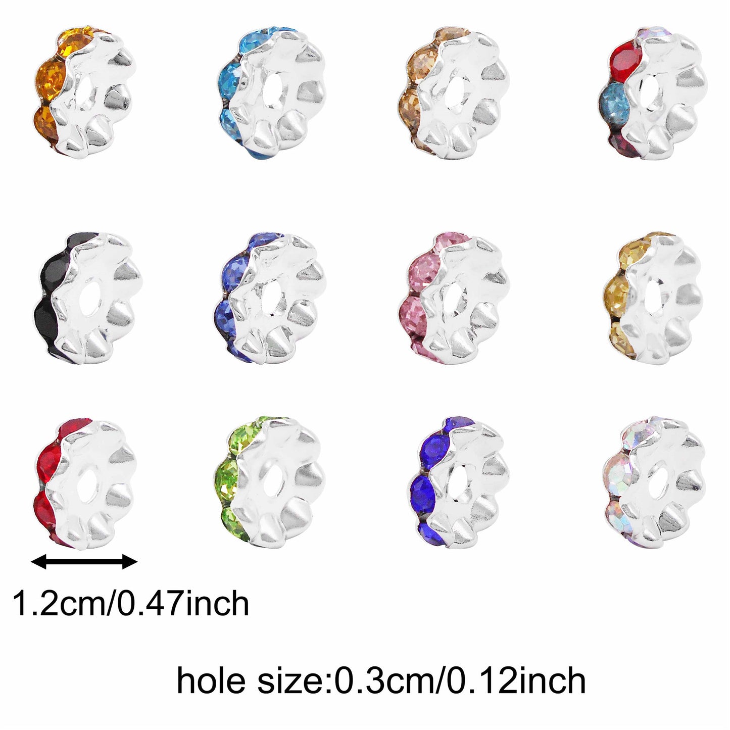 10Pcs 12mm Round Wheel Shaped Resin Beads Wave Edge Spacer Beads with Crystal Rhinestones for Jewelry Necklace Bracelet Earring Supplies Crafts Decor Key Chain Dangle Accessories