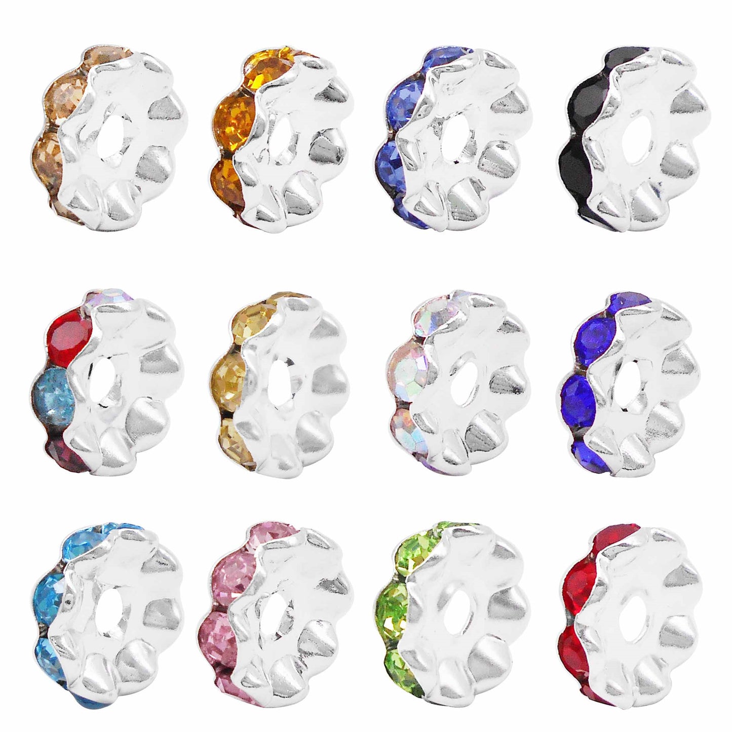 10Pcs 12mm Round Wheel Shaped Resin Beads Wave Edge Spacer Beads with Crystal Rhinestones for Jewelry Necklace Bracelet Earring Supplies Crafts Decor Key Chain Dangle Accessories