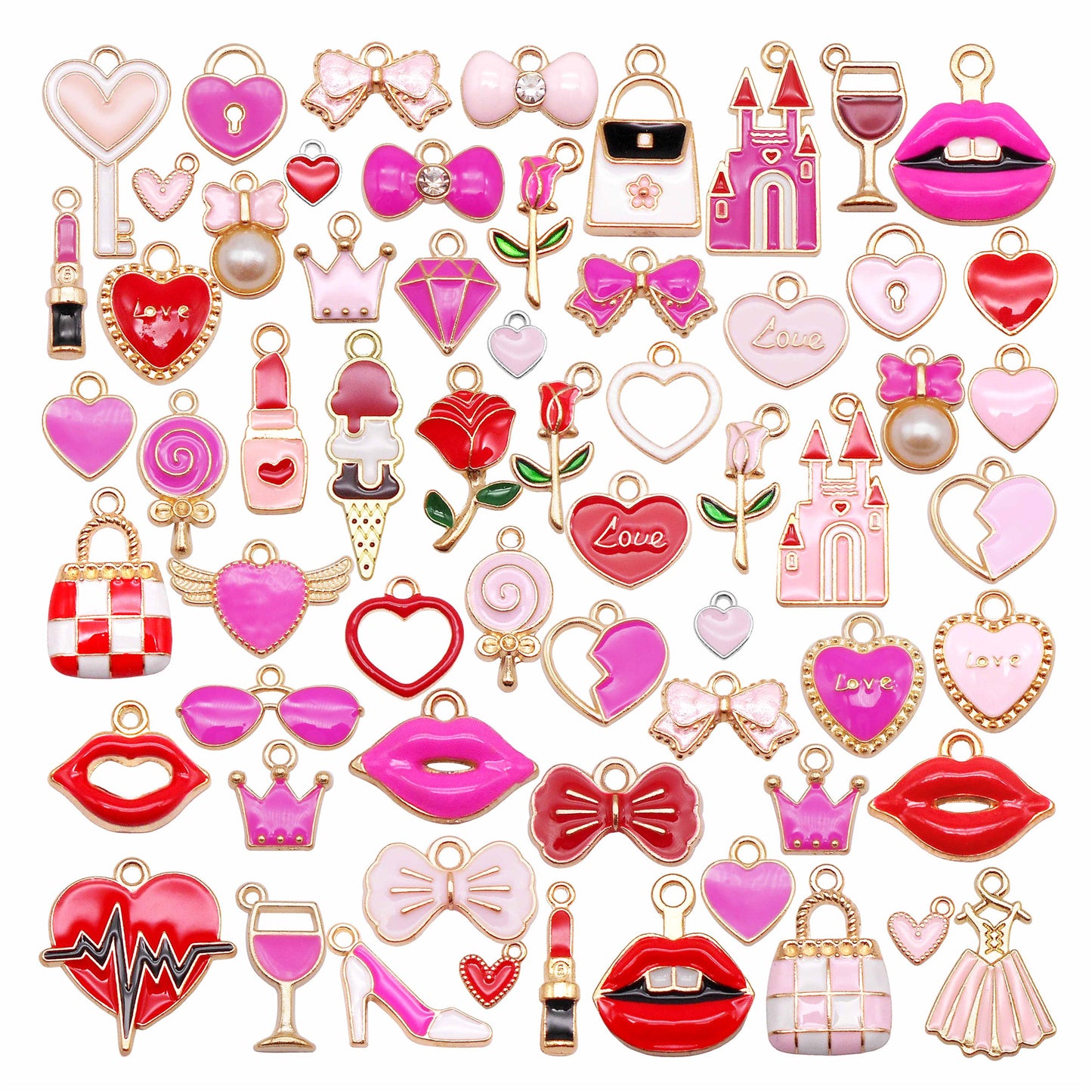 10Pcs Valentine Heart Red Lip Rose Charms Alloy Enamel Pendants for Couple Jewelry Accessories Crafts Decor Key Ring Dangle Supplies