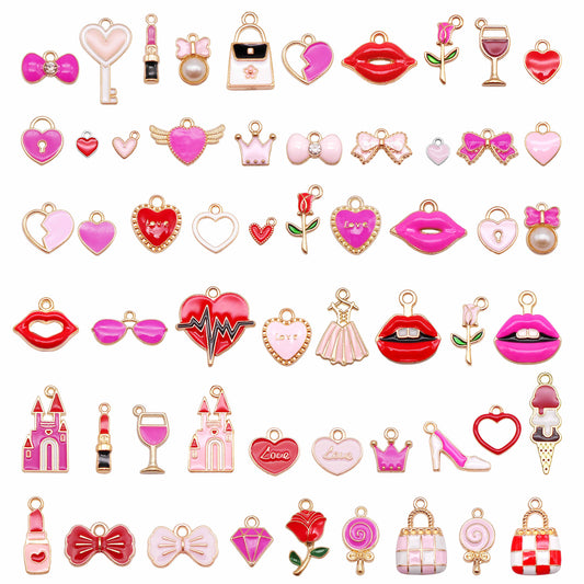 10Pcs Valentine Heart Red Lip Rose Charms Alloy Enamel Pendants for Couple Jewelry Accessories Crafts Decor Key Ring Dangle Supplies