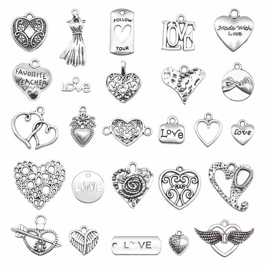 26Pcs Valentine Theme Metal Alloy Love Heart Charms Irregular Heart Pendants Silver Color Diy Making Necklace Bracelet Earring Accessories Crafts Decoration