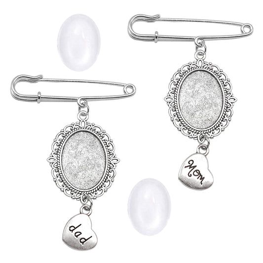 1/2 PCS 75*57mm ,Personalized Memorial Photo Brooch Charm with Glass Cabochons - Antiqued Silver Color Alloy Pendant Tray for Mom & Dad Picture, Mother's Day Father's Day Gift, Bouquet Decoration Jewelry Pin