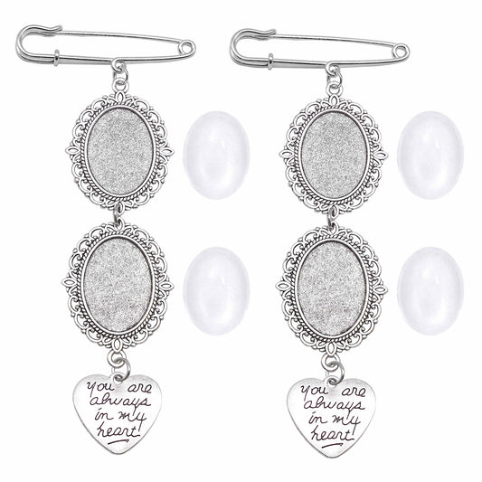 1 Piece 120*57mm Couple Photo Charm, Antiqued Silver Color Alloy Brooches with Picture Setting Pendant Tray, Wedding Bouquet Decoration Pins Wedding Memorial Gifts for Bride Groom