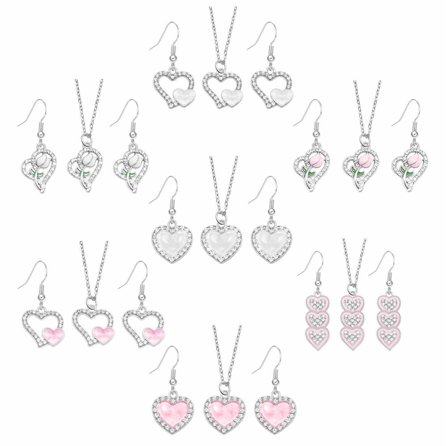 Valentine's Day Jewelry Set for Women - Zircon Heart Dangle Necklace & Earrings with Crystal Rhinestones, Alloy Chic Jewelry, Anniversary Birthday Gifts for Her