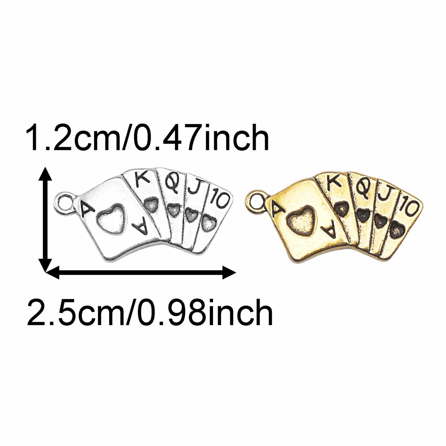 12PCS 12*25mm Retro Gold & Silver Lucky Poker Charms '10JQKA' Royal Flush Designed Alloy Pendant for Jewelry Making, DIY Crafts Supplies, Keyring Decoration