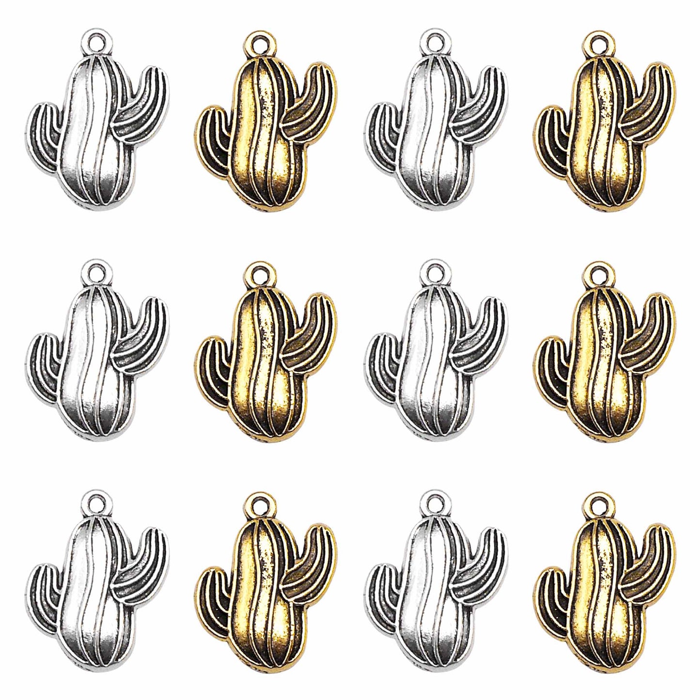 12PCS 16*21mm Antique Gold & Silver Desert Cactus Charms Alloy Plant Pendant for Shoe Charms Making, Necklace Bracelet Earrings Decoration, DIY Craft Supplies
