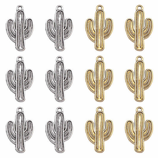 12PCS 26*16mm Metal Alloy Cactus Charms Retro Gold & Silver Desert Plant Pendants DIY Jewelry Crafts Necklace Bracelet Earring Decoration Keyring Dangle Making Supplies