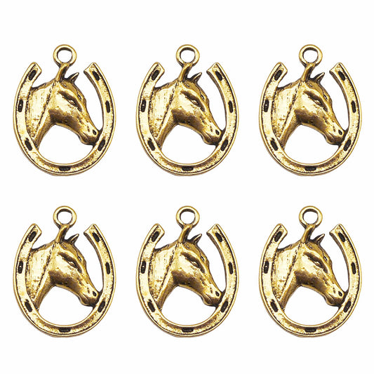 12PCS 21*16mm Retro Gold Horse Head Charms Alloy Horseshoe Pendants DIY Making Jewelry Necklace Bracelet Earring Accessories Crafts Supplies Key Chain Decoration