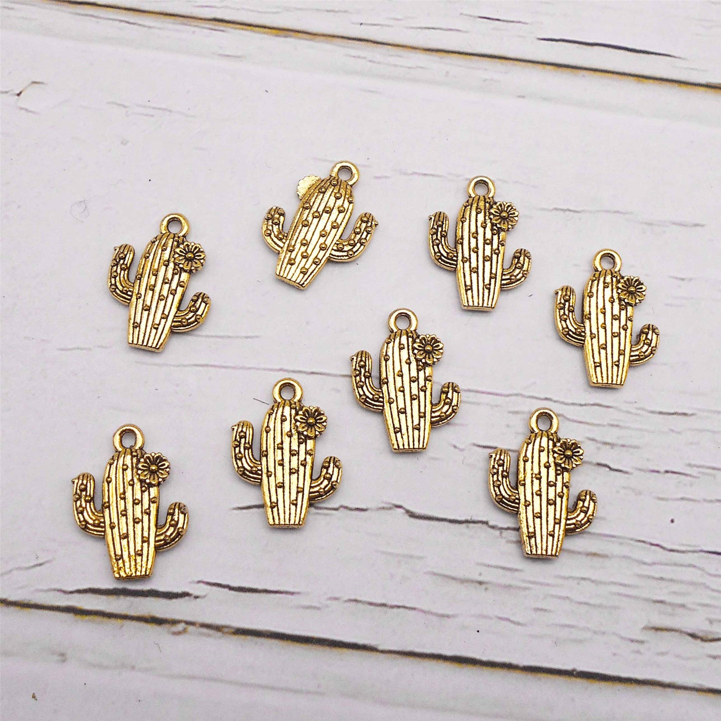 12PCS 20*15mm Retro Gold Desert Cactus Flower Charms Alloy Flat Back Plants Pendants for DIY Crafts Supplies Jewelry Making Accessories Keyring Decoration