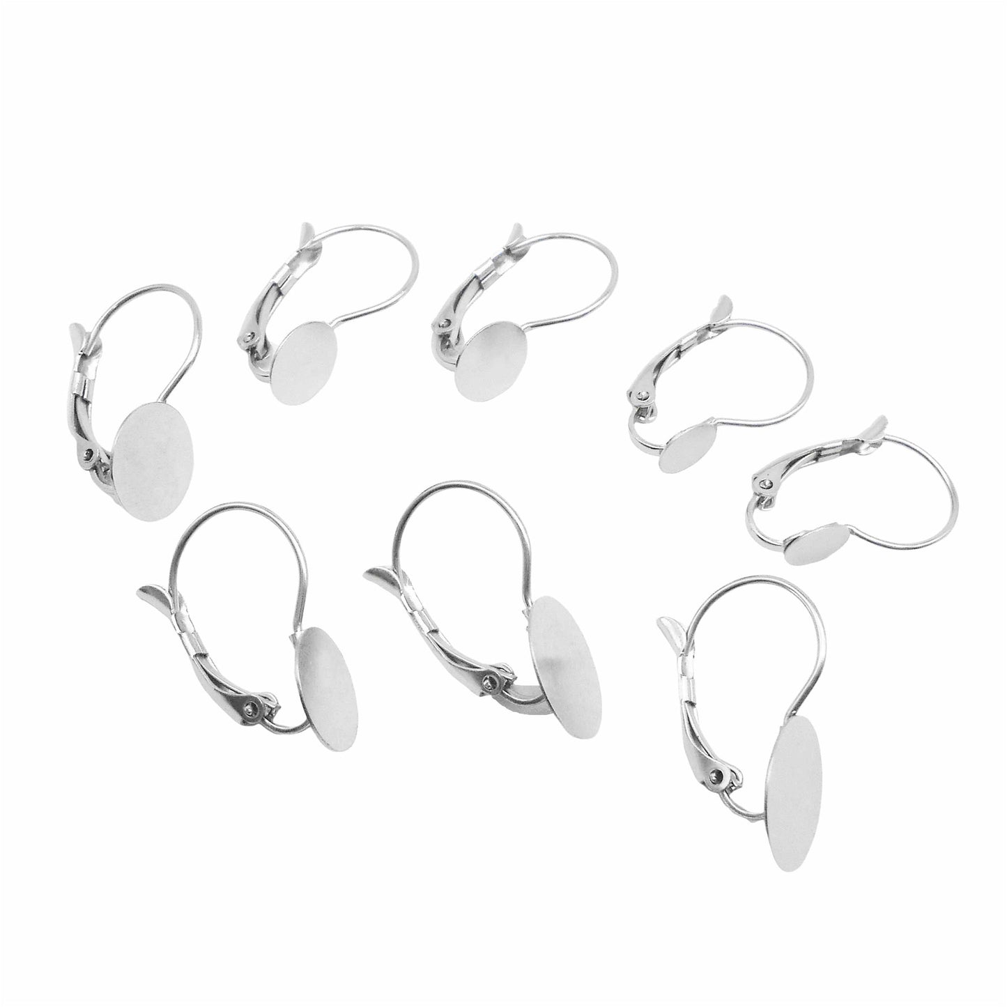 4 Pairs Quality Plated Stainless Steel French Lever Back Earring Round Blank Base, Fit 6/8/10/12mm Gems Cabochons, Silver Color Hypoallergenic Earring Jewelry Accessories