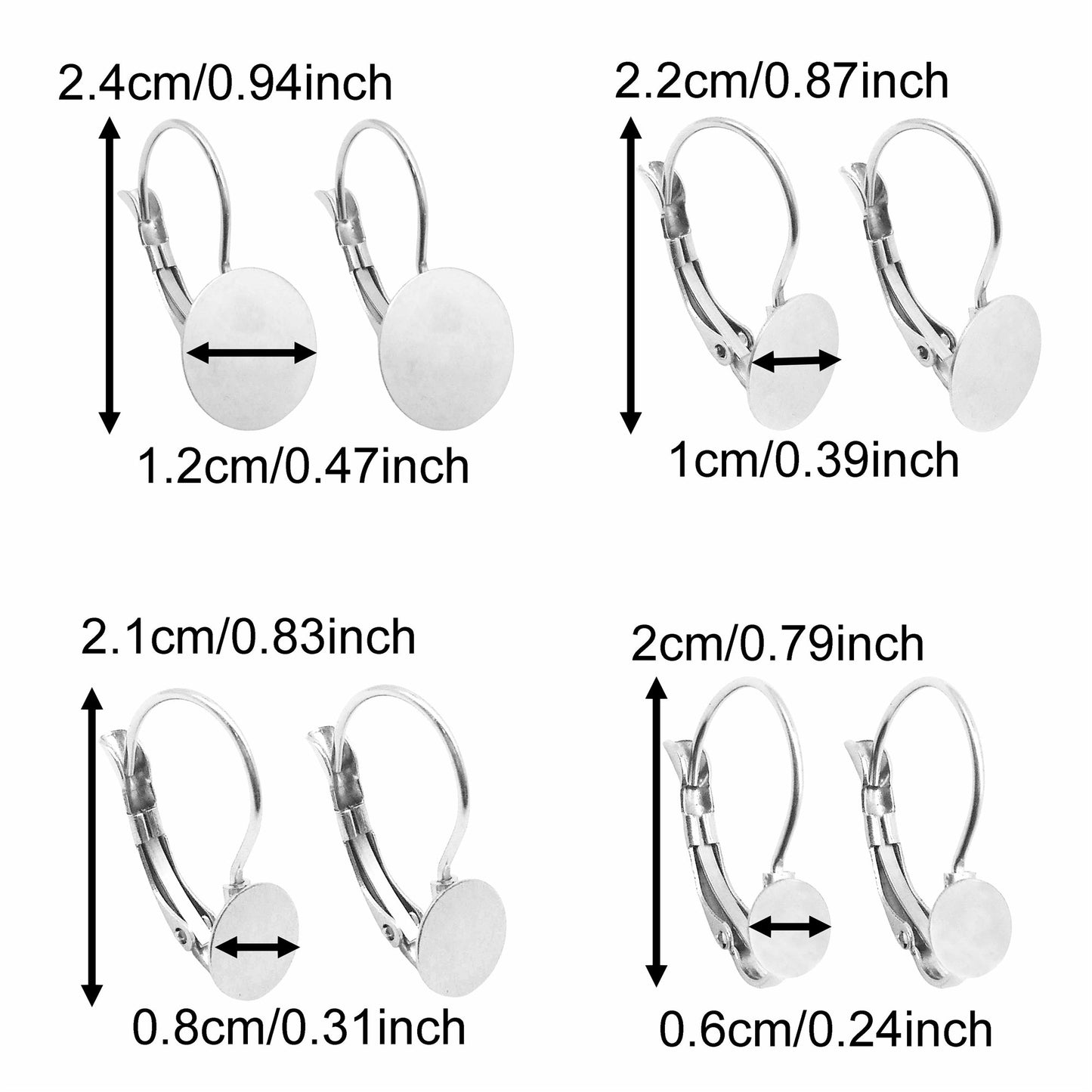 4 Pairs Quality Plated Stainless Steel French Lever Back Earring Round Blank Base, Fit 6/8/10/12mm Gems Cabochons, Silver Color Hypoallergenic Earring Jewelry Accessories