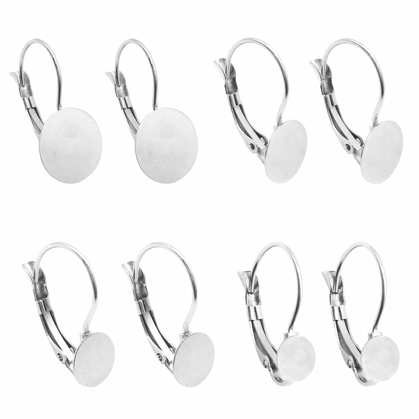 4 Pairs Quality Plated Stainless Steel French Lever Back Earring Round Blank Base, Fit 6/8/10/12mm Gems Cabochons, Silver Color Hypoallergenic Earring Jewelry Accessories
