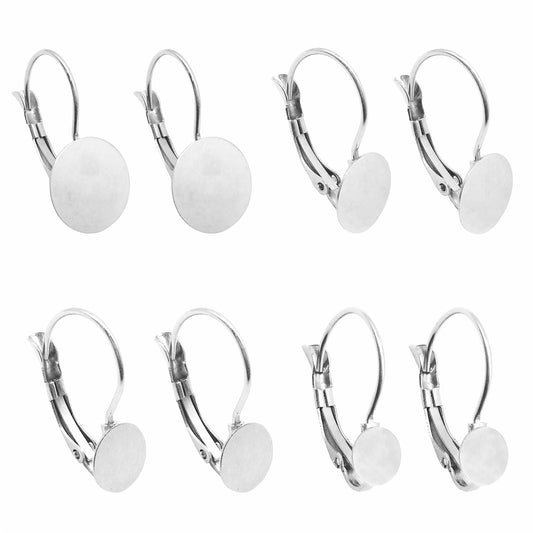 4 Pairs Quality Plated Stainless Steel French Lever Back Earring Round Blank Base, Fit 6/8/10/12mm Gems Cabochons, Silver Color Hypoallergenic Earring Jewelry Accessories