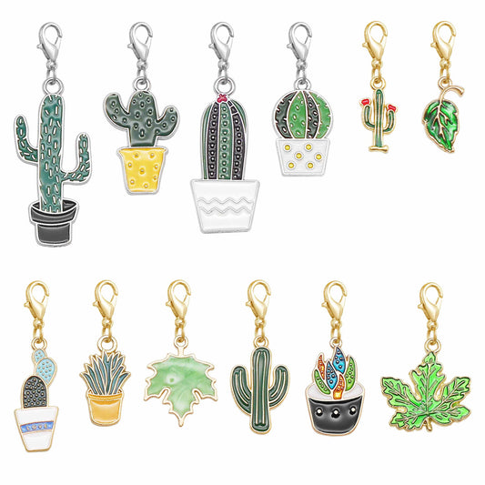 12PCS Green Enamel Cactus Charms w/ Lobster Clasp Alloy Leaf Pendant for DIY Jewelry Accessories Shoe Bag Hanging Decoration Keychain Dangle Yarn Marking Tool