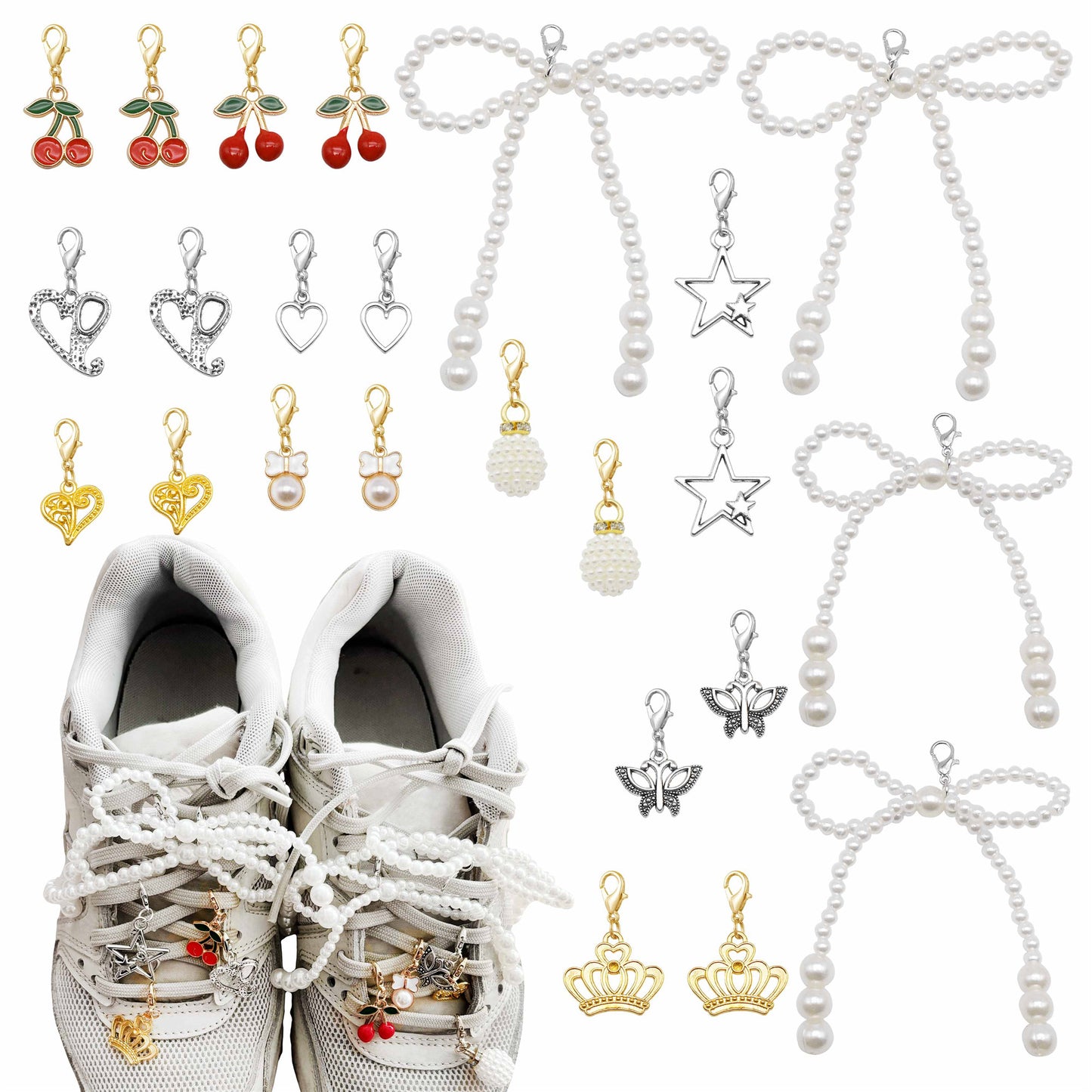 24pcs Shoe Charms for Sneakers Shoelace Charms Pearl Bow Shoe accessories Decorations Clips Shoe Jewelry for Sneakers Shoe Charms