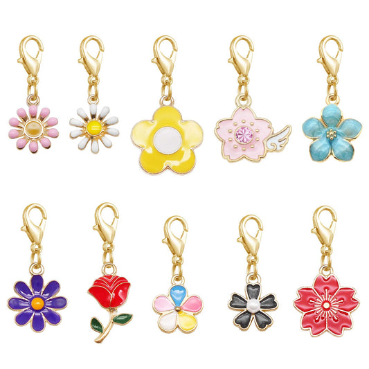 10PCS Enamel Flower Charms with Lobster Clasp Alloy Daisy Cherry Blossom Rose Pendant for Jewelry Accessories Shoe Bag Decoration DIY Craft Supplies