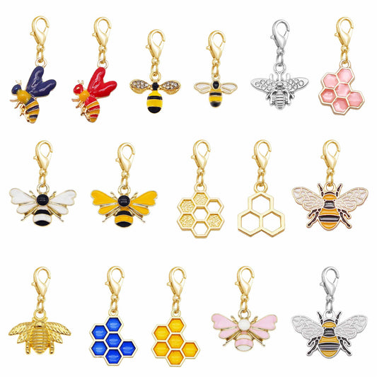 16PCS Enamel Bee Honeycomb Charms / Lobster Clasp Alloy Jewelry Pendant Handmade Lovely Shoe Charms Keyring Dangle Women Bags Purses Hanging Decoration