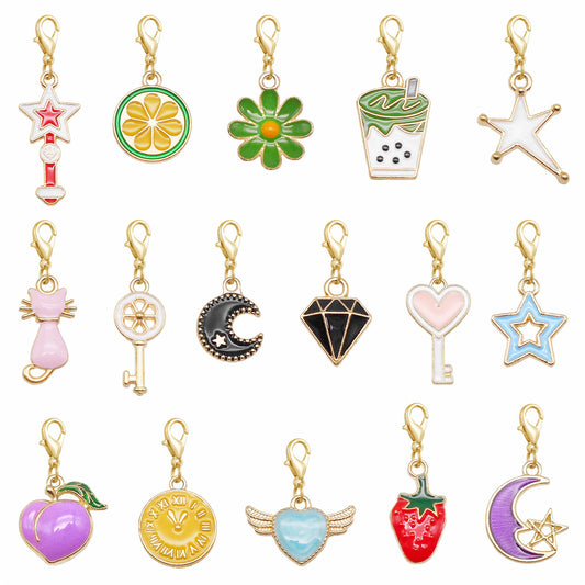 16PCS Metal Alloy Enamel Flower Fruit Star Heart Pendant with Lobster Clasp Cute Shoe Charms Keychain Dangle Bags Hanging Decoration
