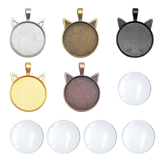 5PCS 37*27mm Alloy Blank Base Gems Cabochons Setting Tray Inner 25mm Round Bezel Pendants Cat Head Charms for DIY Jewelry Making