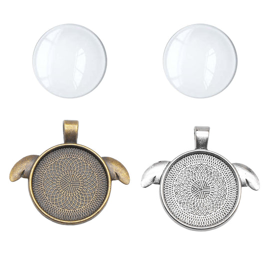 2PCS 37x41mm Fairy Wing Bezel Photo Setting Tray Blank Base Alloy Pendant Inner 25mm, fit Gems Cabochons, Bronze & Silver Charms for DIY Jewelry Accessories