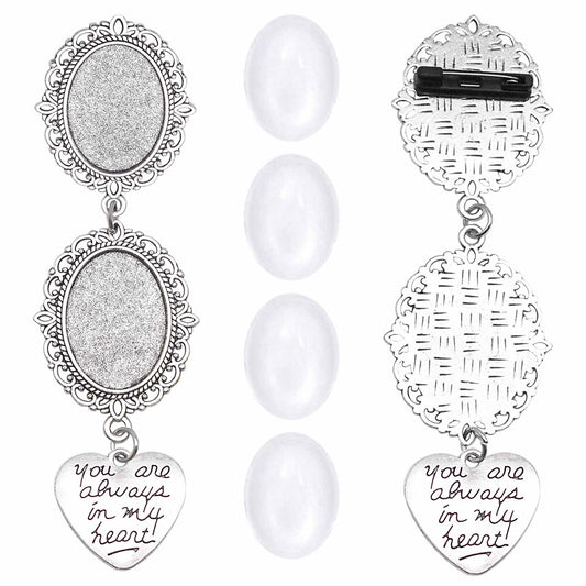 1 Set 103x30mm Alloy Tray Brooch with Glass Cabochons, Antique Silver Photo Setting Tray Floral Bezel Blank Base Pendant Brooch Bride's Groom's Suit Decorative Pins Wedding Bouquet Decor
