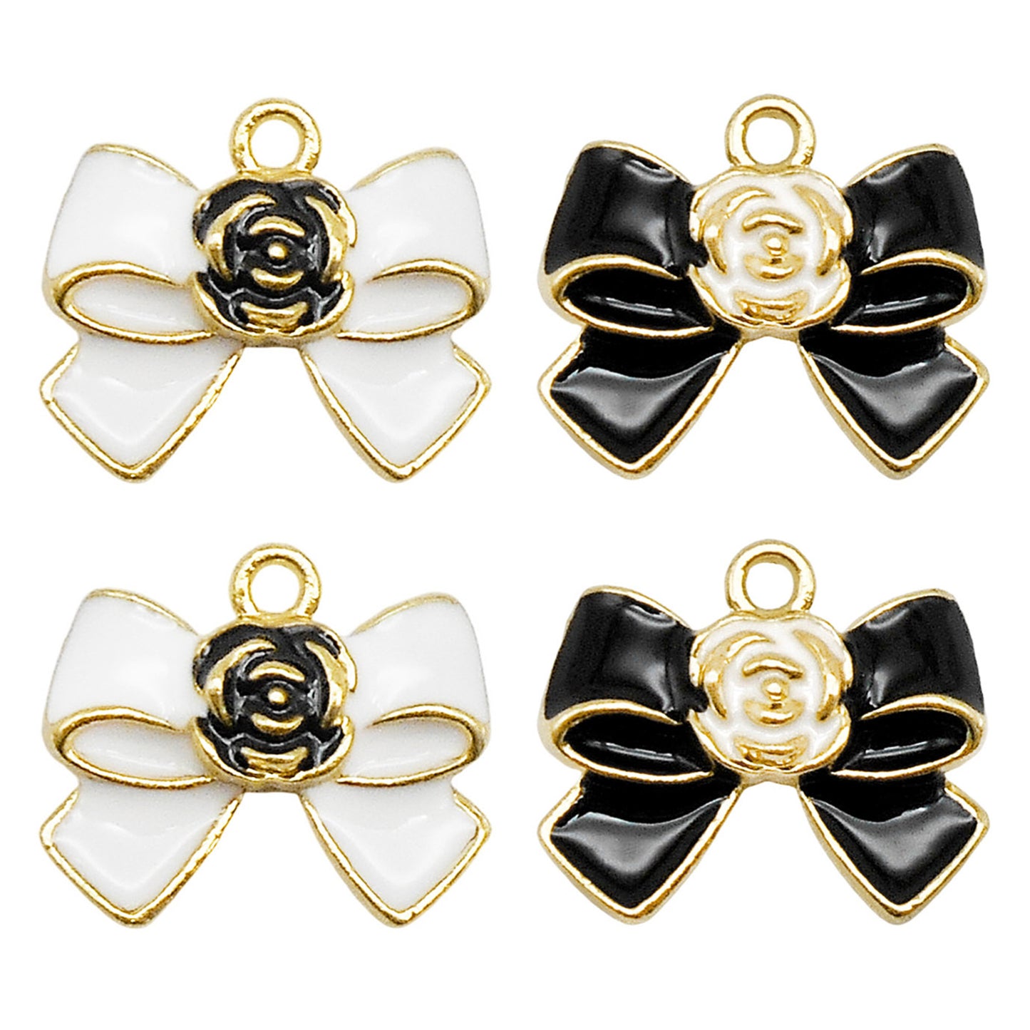 8PCS 17*20mm Black & White Enamel Flower Bow Charms Alloy Bowknot Pendants for Jewelry Necklace Bracelet Earring Making Accessories Keychains Decor DIY Crafts Supplies