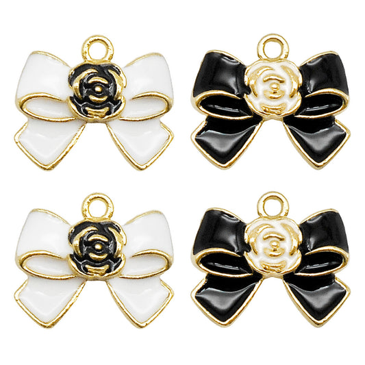 8PCS 17*20mm Black & White Enamel Flower Bow Charms Alloy Bowknot Pendants for Jewelry Necklace Bracelet Earring Making Accessories Keychains Decor DIY Crafts Supplies