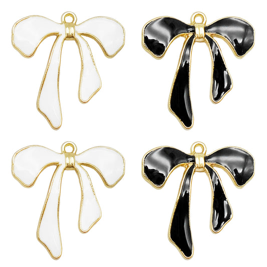 8PCS Quality Plated Black & White Alloy Bowknot Charms Enamel Bow Pendants for Jewelry Necklace Bracelet Earring Making Accessories Keychain Keyring Decor DIY Crafts Supplies