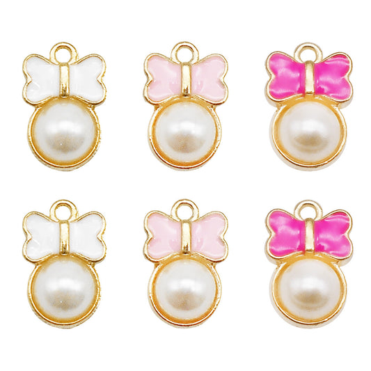 20PCS 15*10mm Enamel Bow Charms with Imitation Pearl Alloy Bowknot Pendants Cute Jewelry Accessories for Necklace Bracelet Earring Making Keychain Bags Decor Craft Decoration