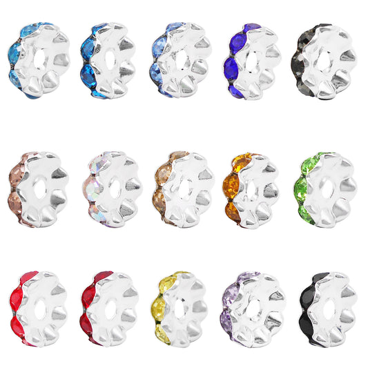 10pcs 12mm Multi-color Alloy Round & Wheel Shaped Beads with Crystal Rhinestones, Wave Edge Loose Spacer Beads 3mm Hole for DIY Necklace Bracelet Making Crafts Decor