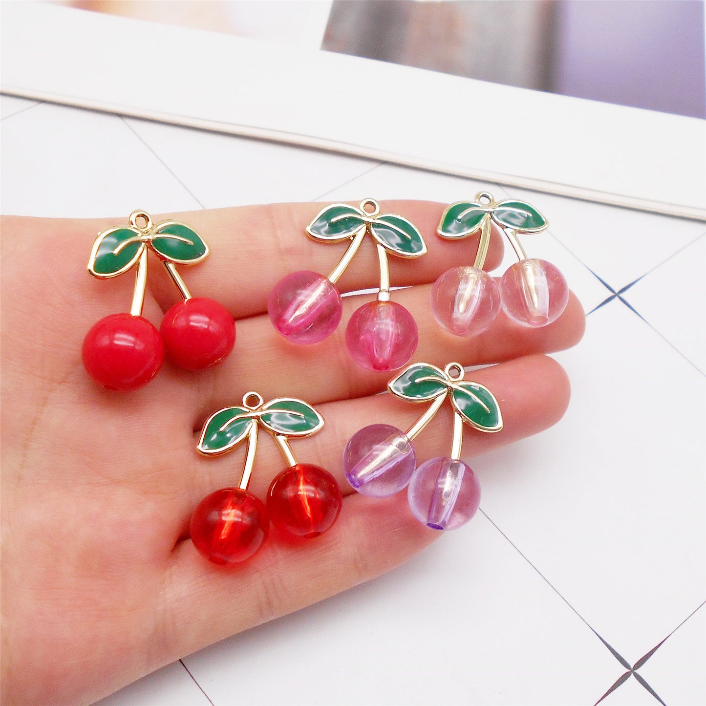 4Pcs 28x14mm Acrylic Cherry Charms with Enamel Alloy Leaf Fruit Pendants for Jewelry Decoration Keychain Dangle Making Crafts Decor