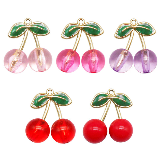 4/5Pcs 28*14mm Acrylic Cherry Charms with Enamel Alloy Leaf Fruit Pendants for Jewelry Decoration Keychain Dangle Making Crafts Decor